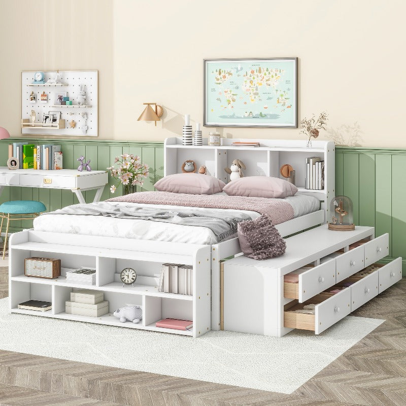 Full Bed with Bookcase Headboard, Under-Bed Storage Drawers & End Storage Case