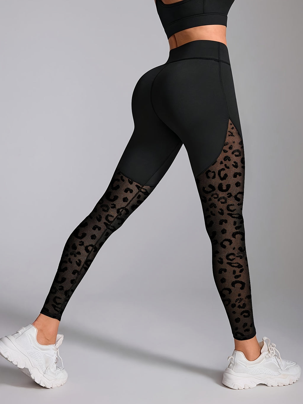 High-Waisted Leggings with Mesh Panel & Leopard Print