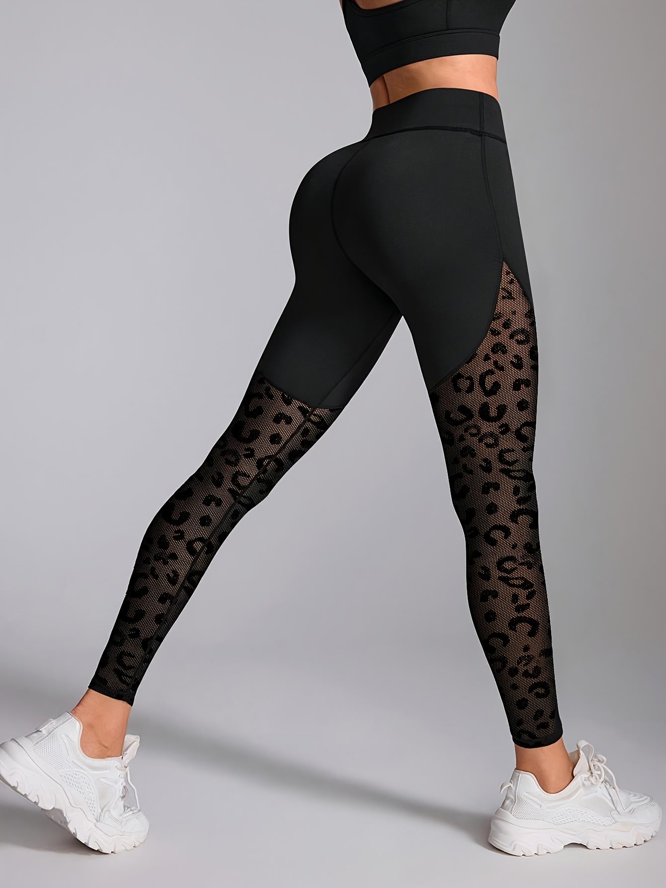 High-Waisted Leggings with Mesh Panel & Leopard Print