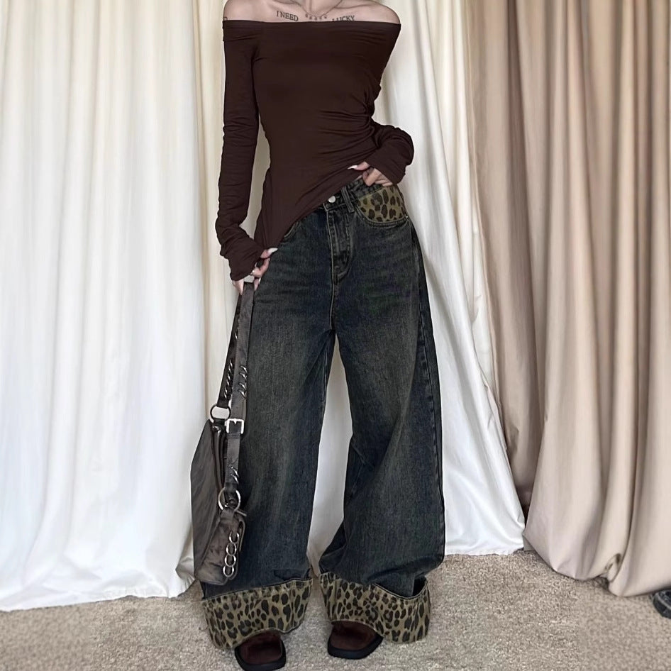 Vintage Leopard Print Cuffed Denim Pants