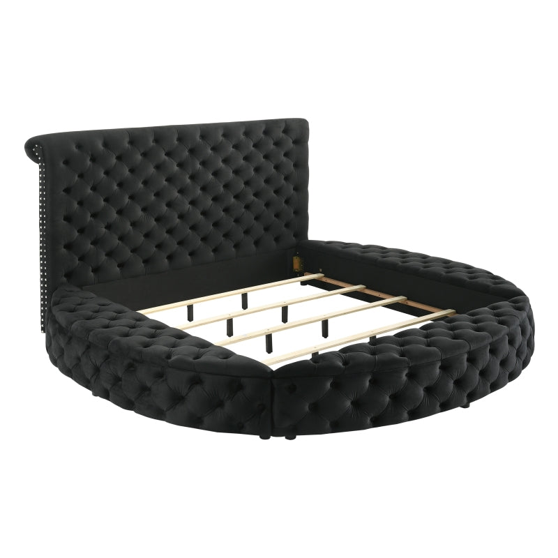 Queen Size Round Plush Black Veet Button-Tufted Storage Bed Frame