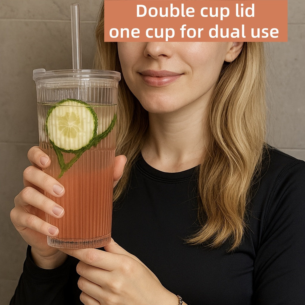 {1/2/4pcs] LDQ Striped Glass Cups with Straws & Lids