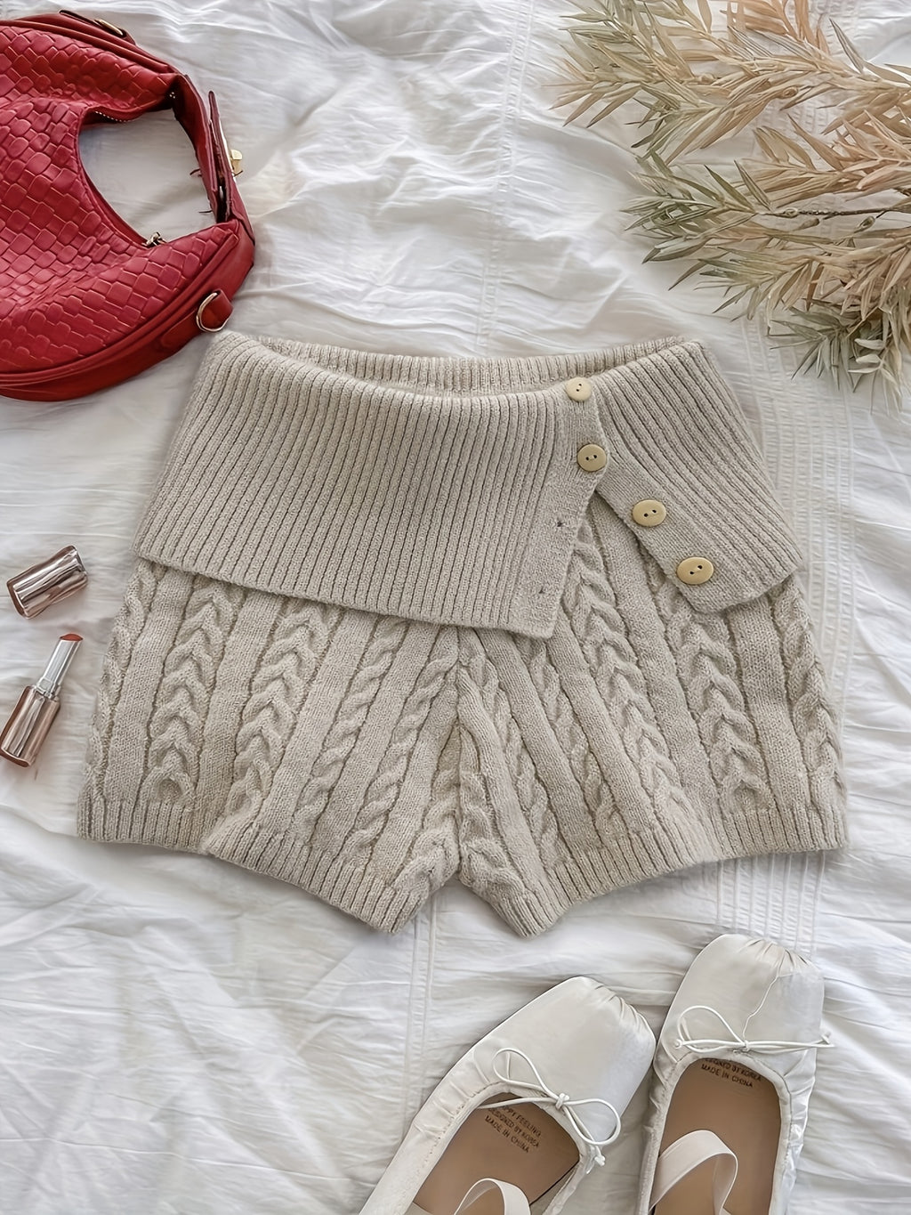 Lapel Button Waist Sweater Shorts