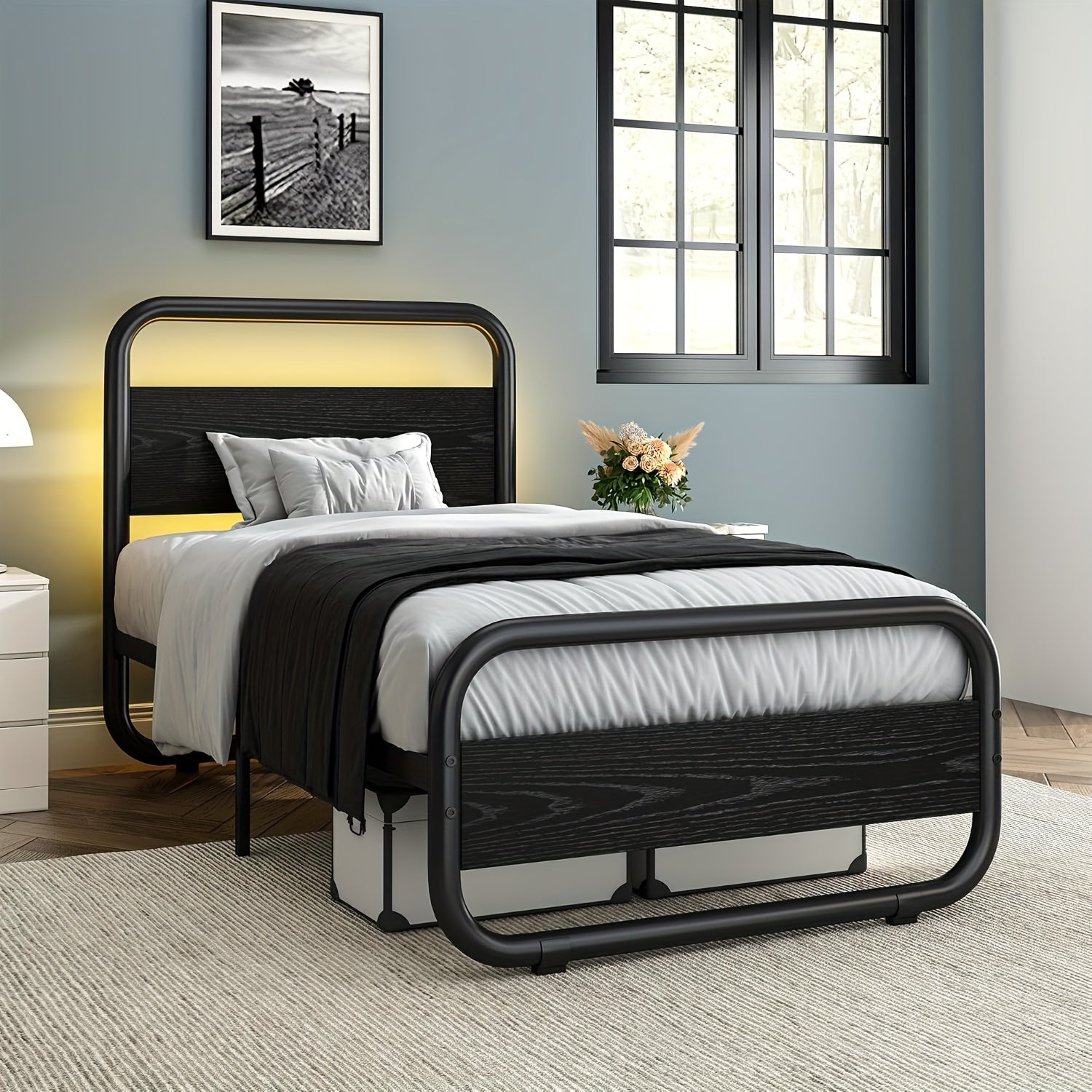 Twin Full Queen King Size Black/Brown/Grey/White Bed Frame with Wood Headboard