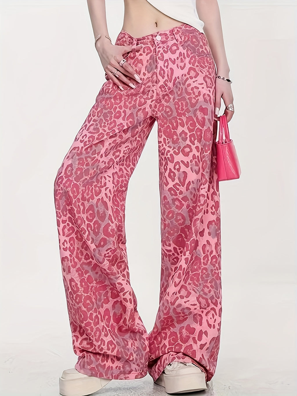 Loose Pink Leopard Print Denim Long Pants