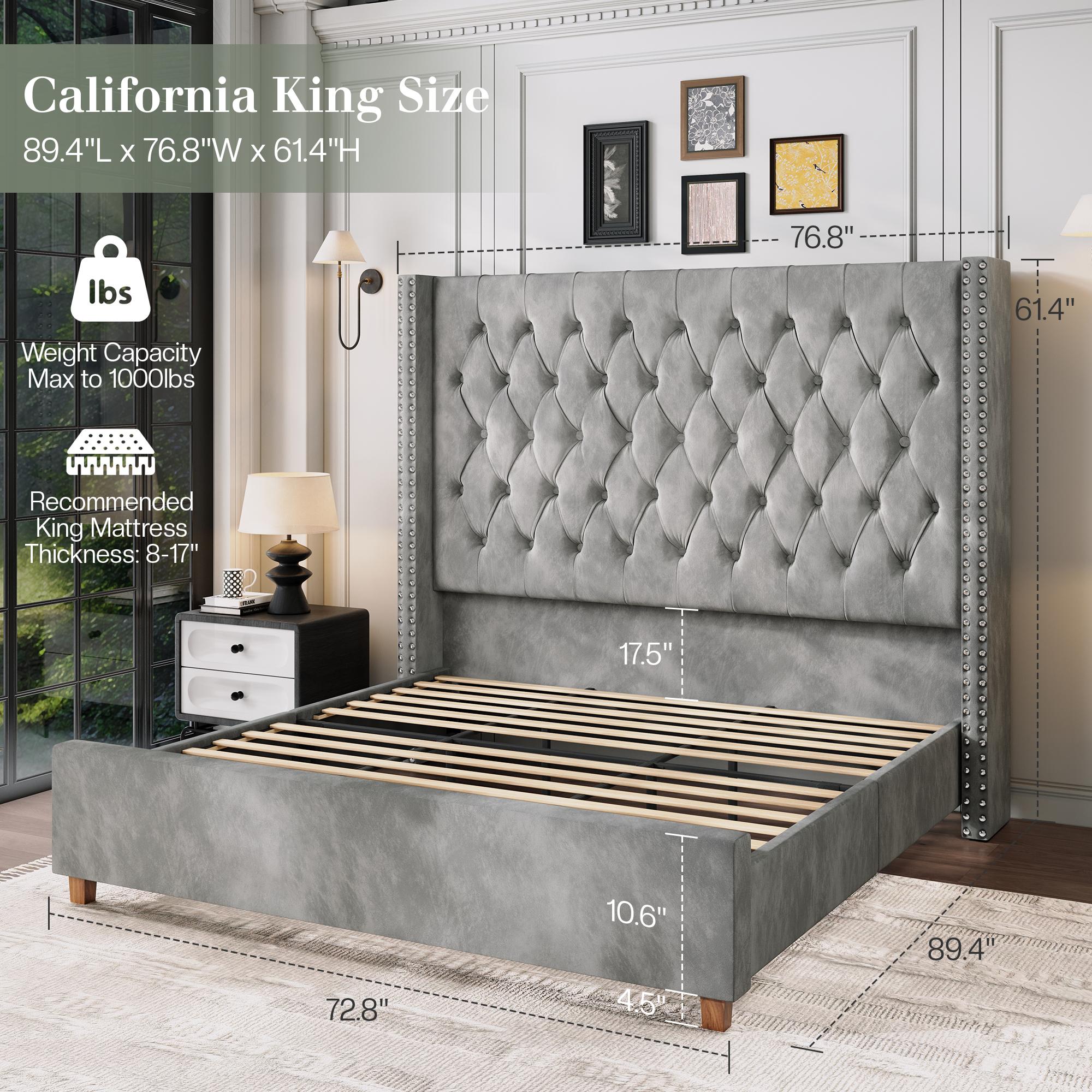 61.4" Tall Luxury Bed Frame with Tufted Wingback Headboard