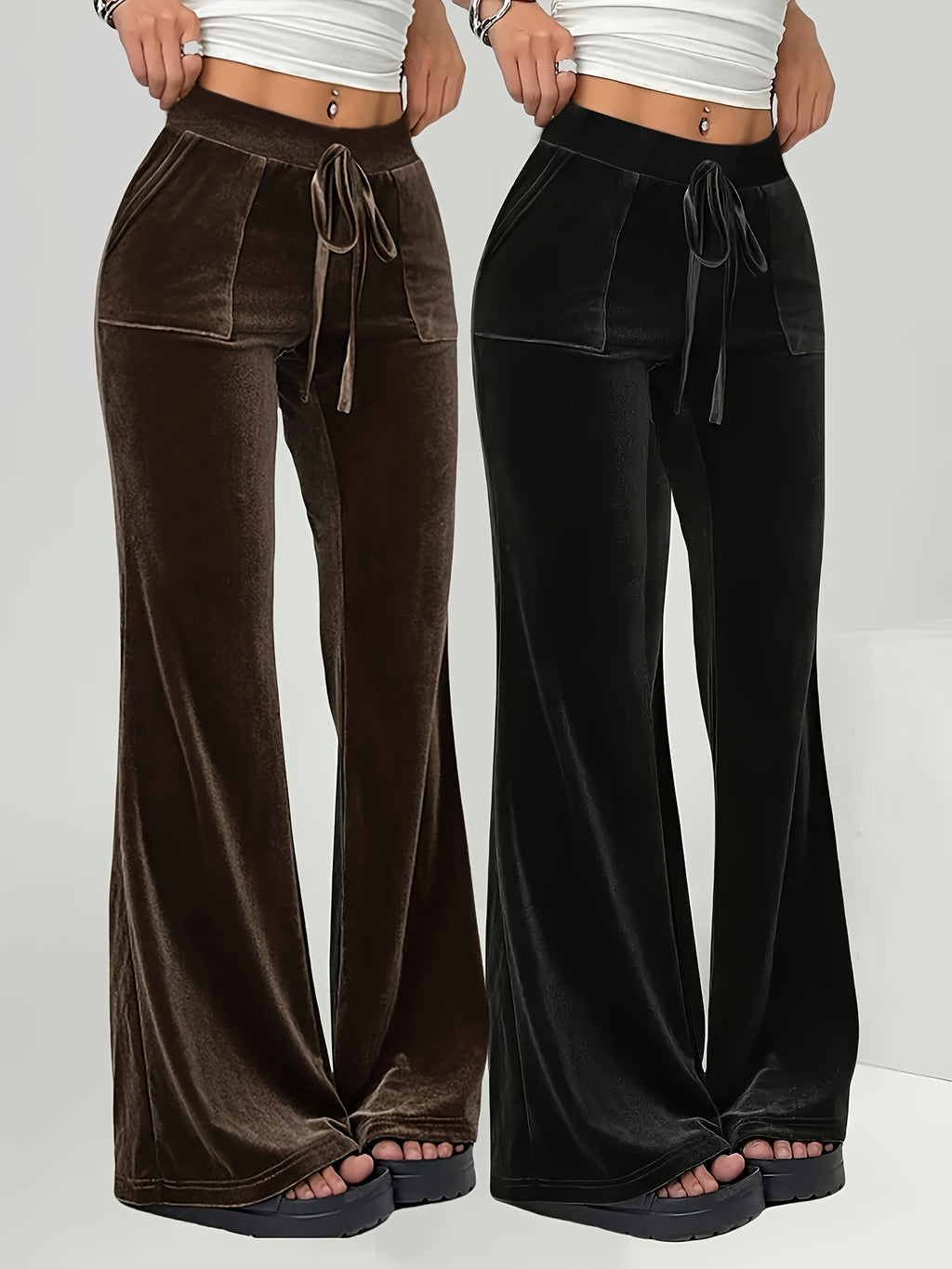 High-Waisted Drawstring Pocket Design Fleece Casual Flared Trousers Two-Piece Set