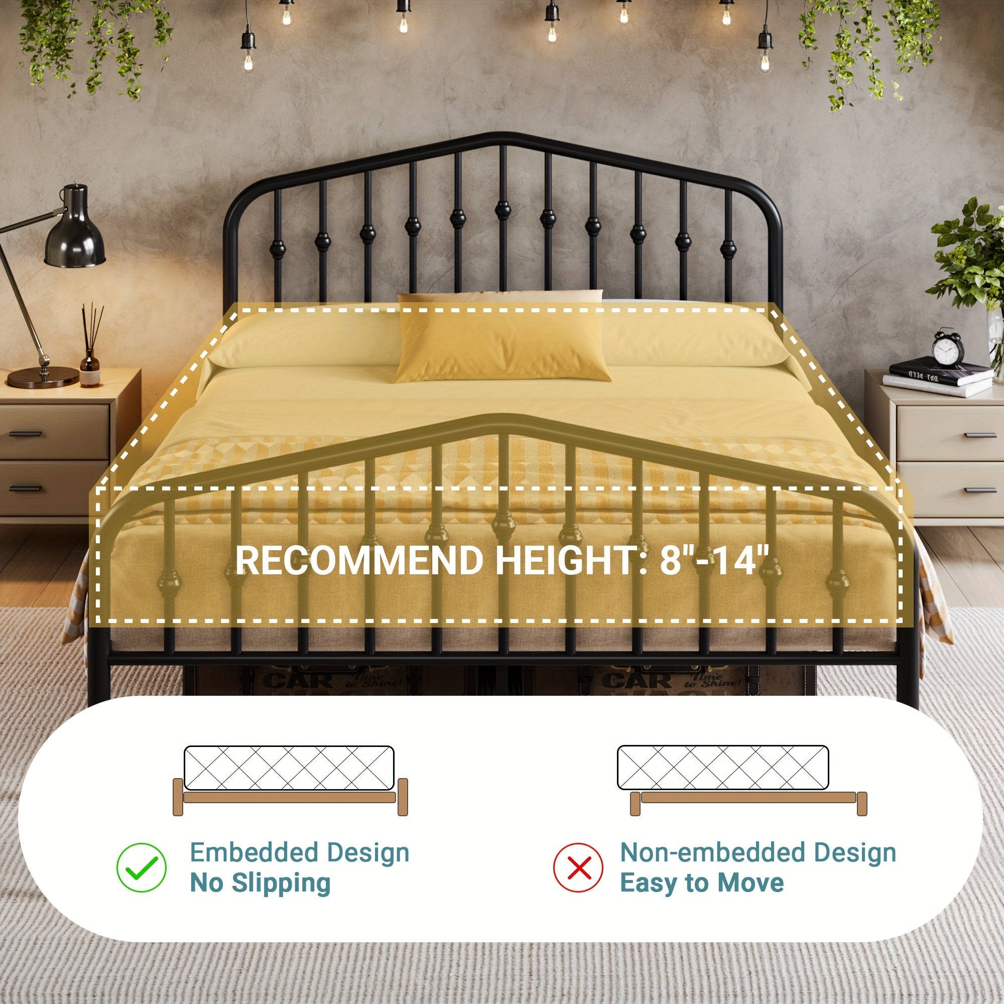 14'' Queen Size Heavy-Duty Wrought Iron Bed Frame