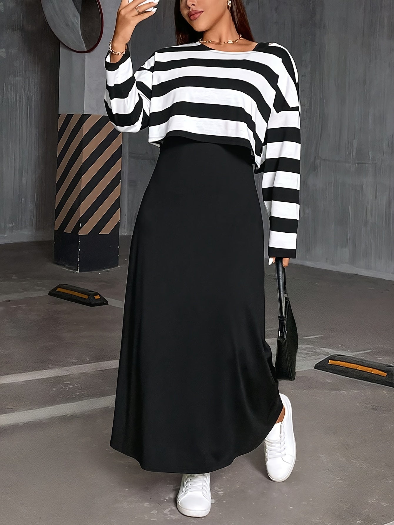 Oversized Striped Round Neck Camisole Dress & Loose Top