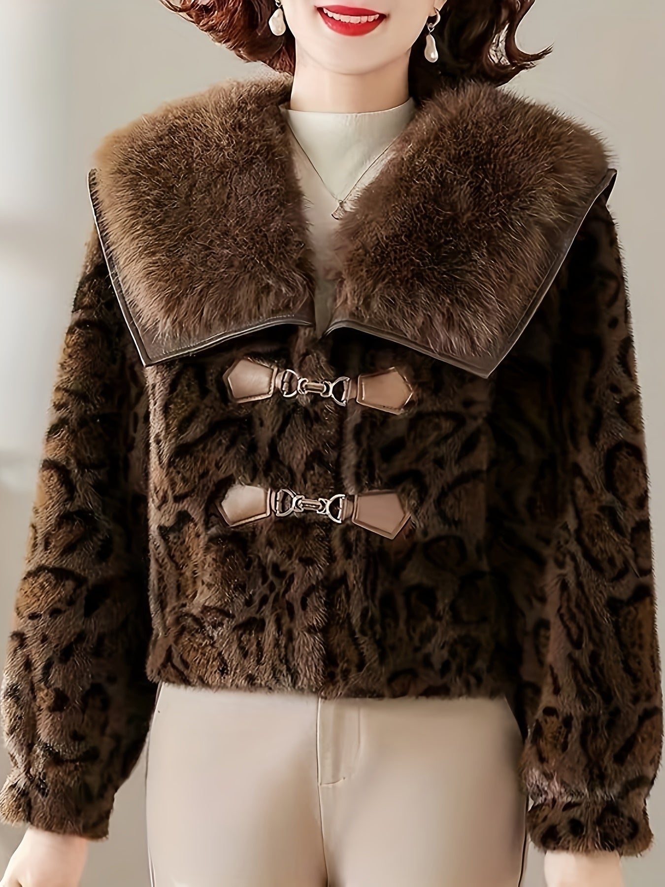 Leopard Print Fur Jacket with Collar & Chest Pockets