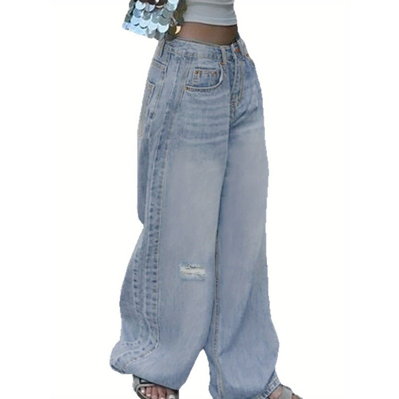 Slashed Straight Light Blue Jeans