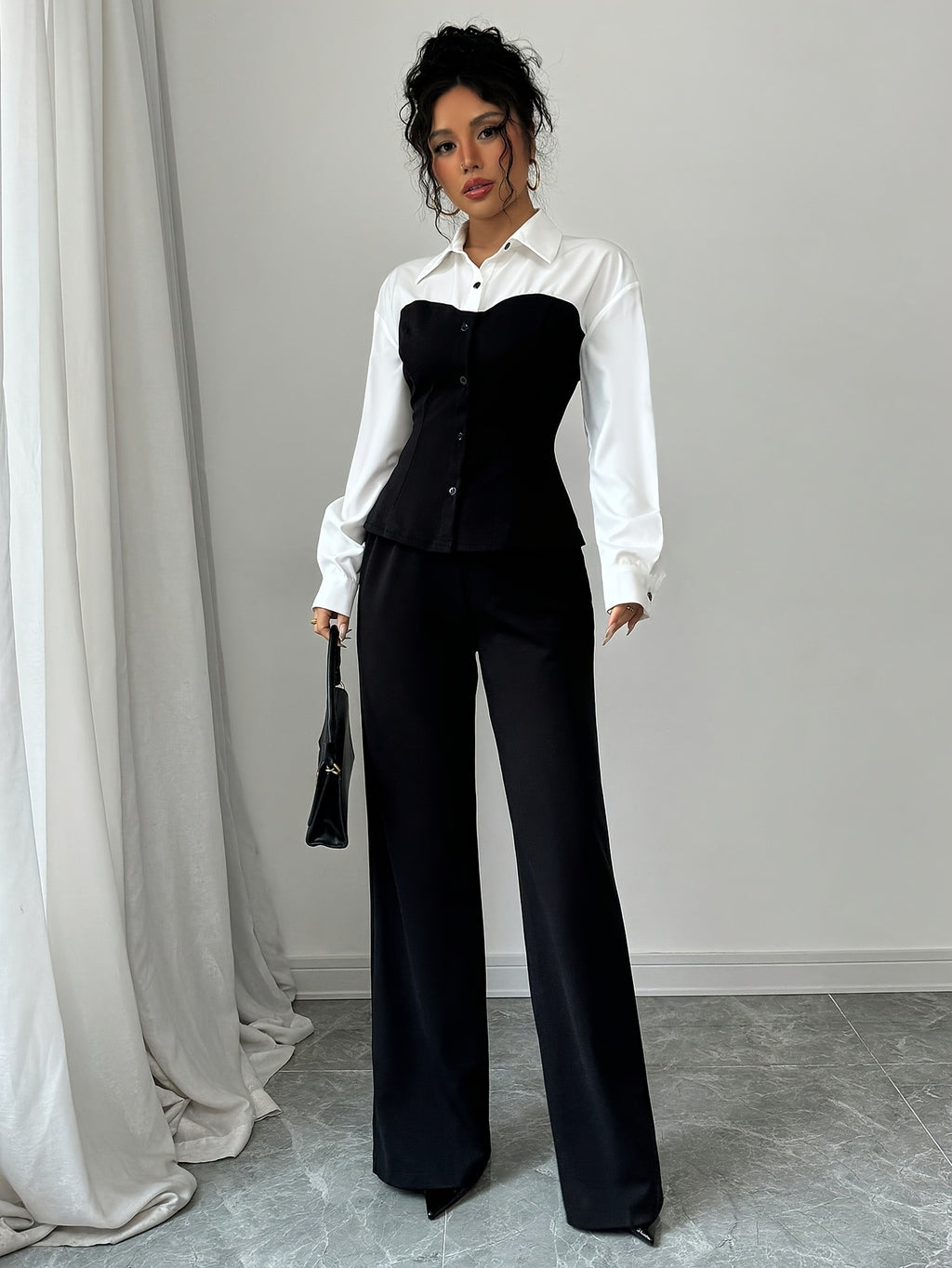 Women'S Elegant Two-Piece Outfit: Color Block Long Sleeve Shirt + Wide-Leg Pants, Polyester Blend, All-Season Wear, Casual Attire|Elegant Two-Piece|Polyester Blend