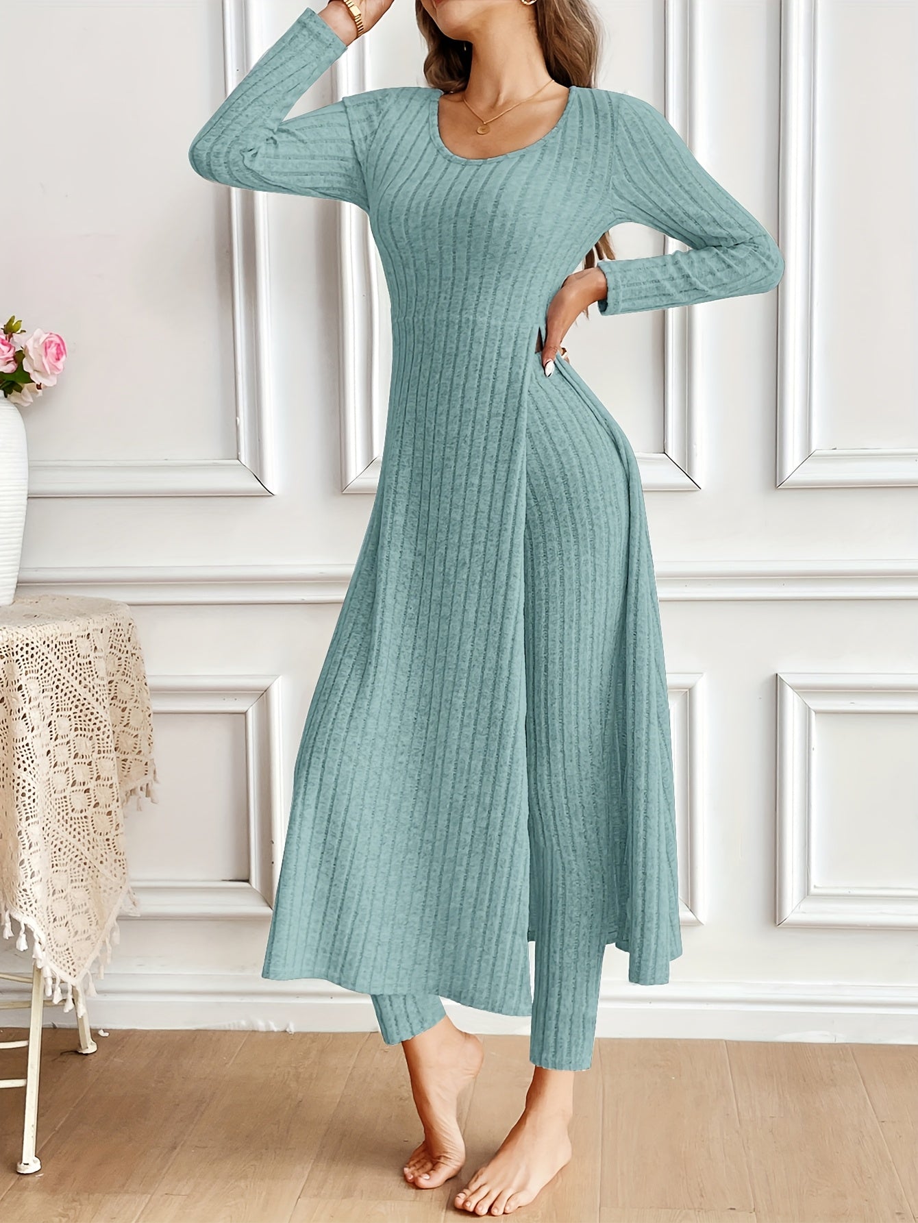 Two-piece Set of Ribbed Long-sleeved Top and Pants