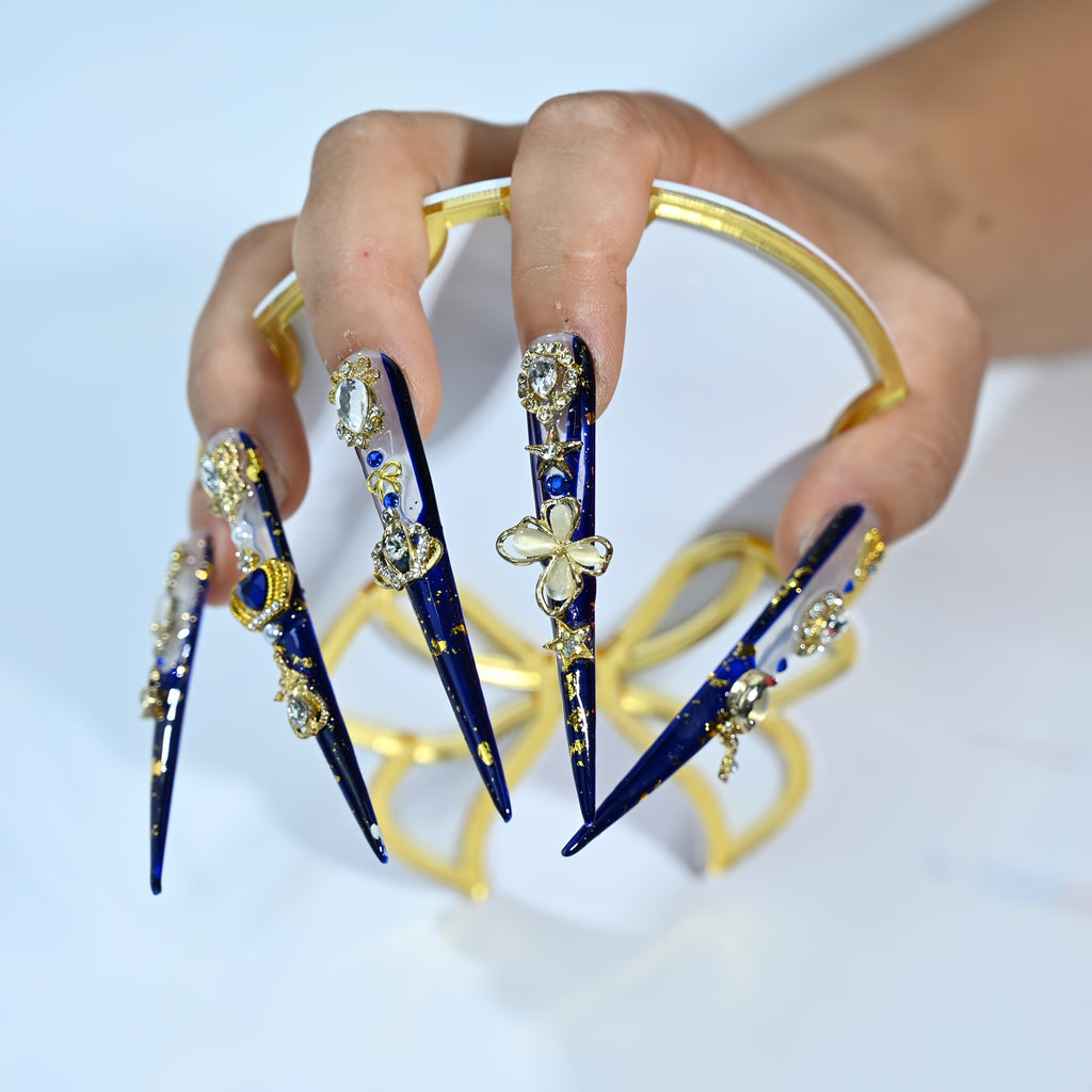 Handmade Luxury Limited XL Stiletto Press-On Nails - 3D Golden Crown & Butterfly Charms