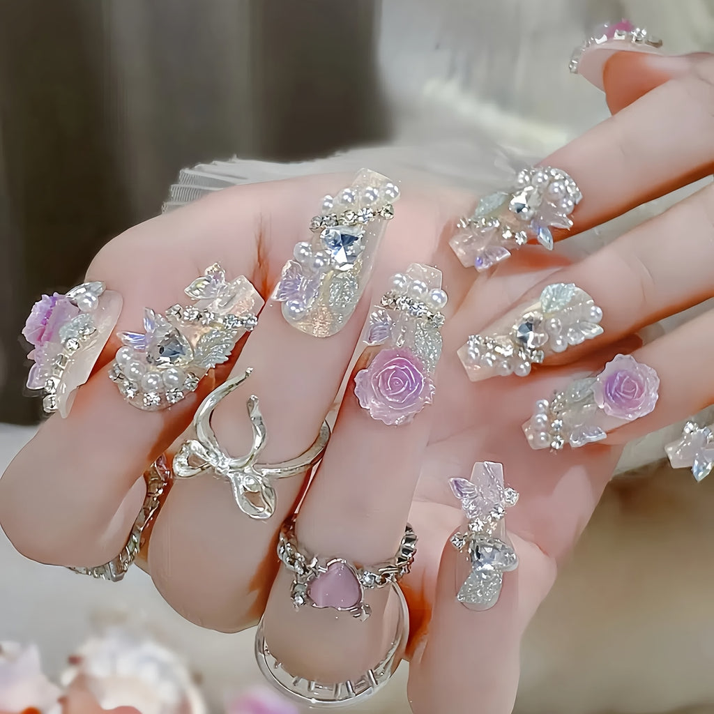 {24pcs} Shiny Flower Fake Nails