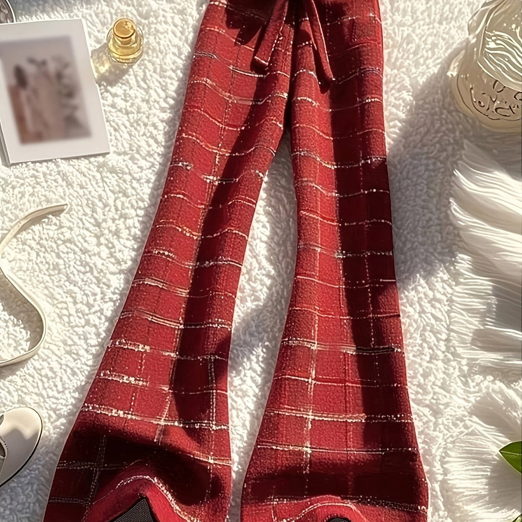 Red Plaid Flared Wide-Leg Casual Trousers