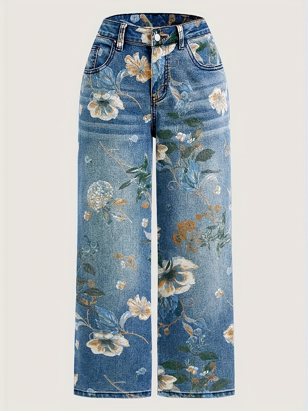 Women'S Large-sized Stretch Retro High-waisted Denim Pants With Bright Floral Print - Casual Retro Street Pants, Machine-washable Denim, Side Pockets