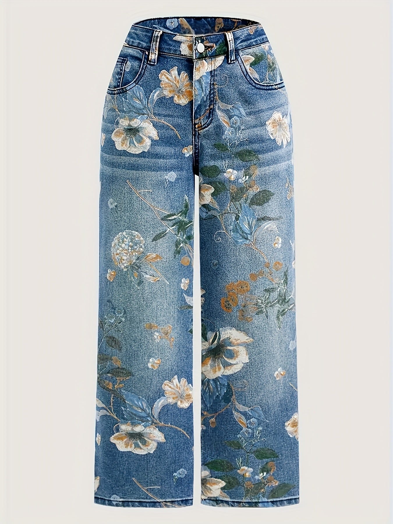 Women'S Large-sized Stretch Retro High-waisted Denim Pants With Bright Floral Print - Casual Retro Street Pants, Machine-washable Denim, Side Pockets