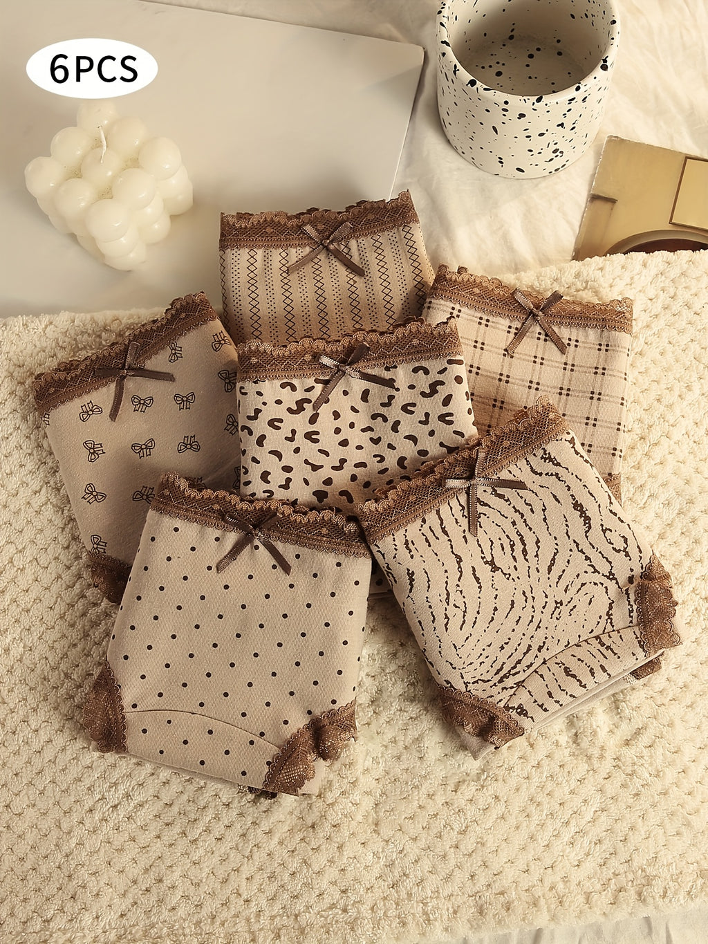 {6pcs} Mid-Rise Briefs - Leopard & Tiger Stripe Print Panties with Lace Trim