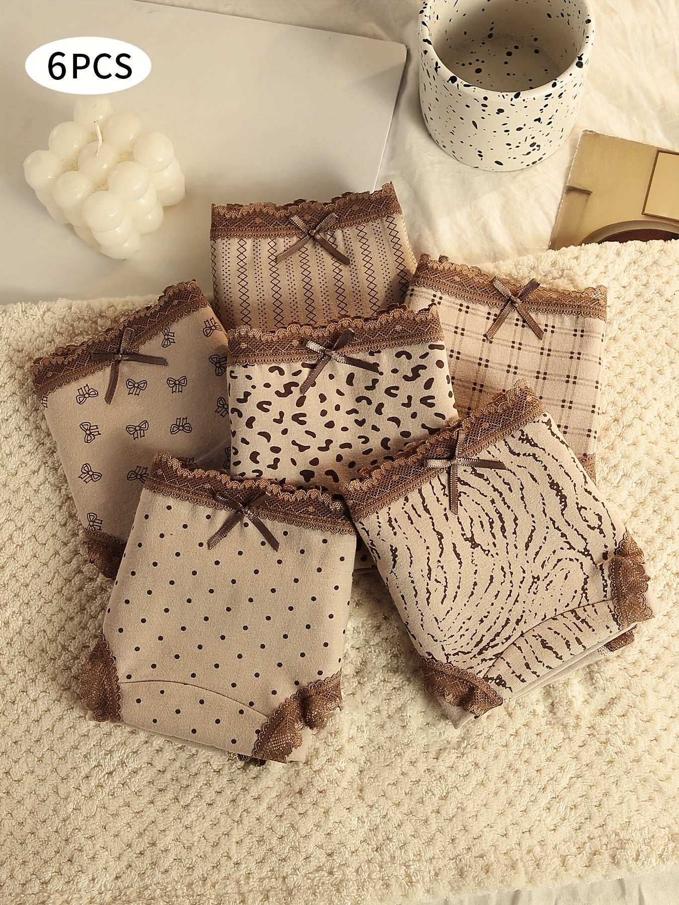 {6pcs} Mid-Rise Briefs - Leopard & Tiger Stripe Print Panties with Lace Trim