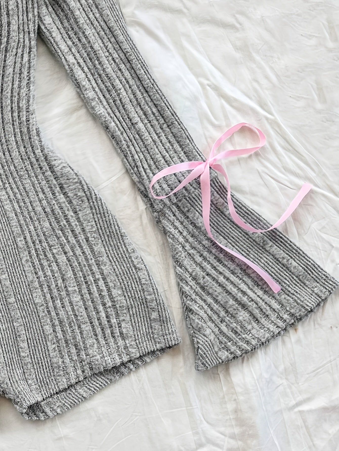 Knitted Ribbed Solid Color Flared Long Sleeve Slim Jumpsuit