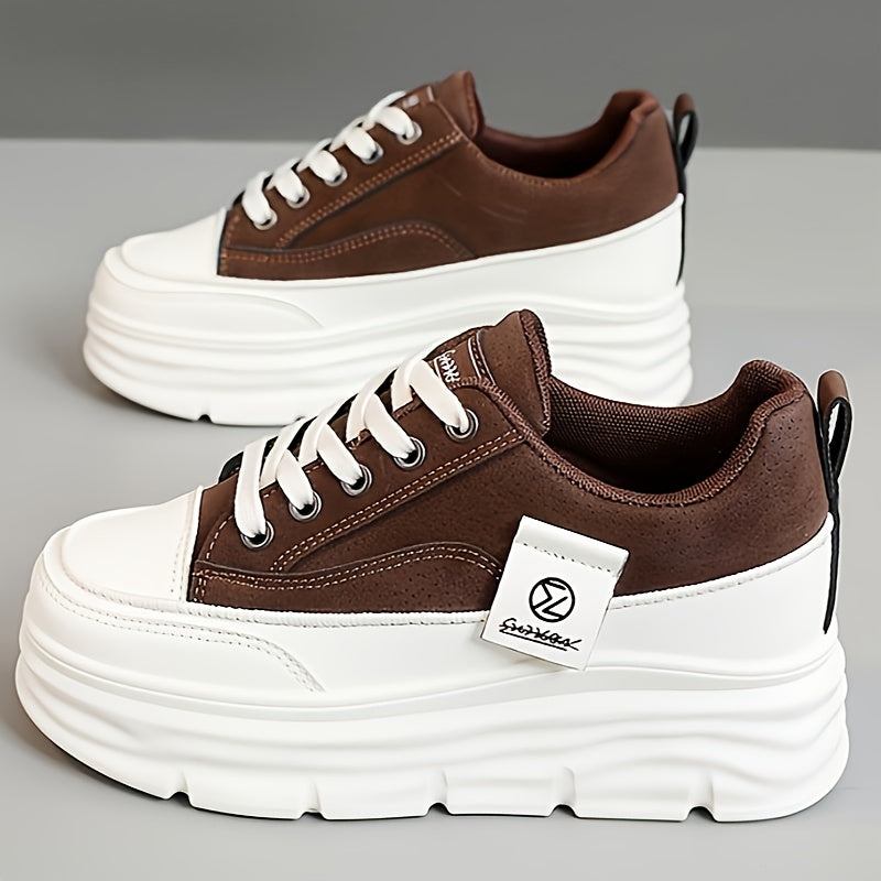 Women's Low-Top Lace-Up Sneakers - Beige/ White Faux Cover-like Synthetic Cover Arch Moccasin-Style Shoes with EVA Cushioned PVC Sole, Minimalist White Laces & Beige Traction Tread - All-Season Casual, Office, Gym, Walking Sh