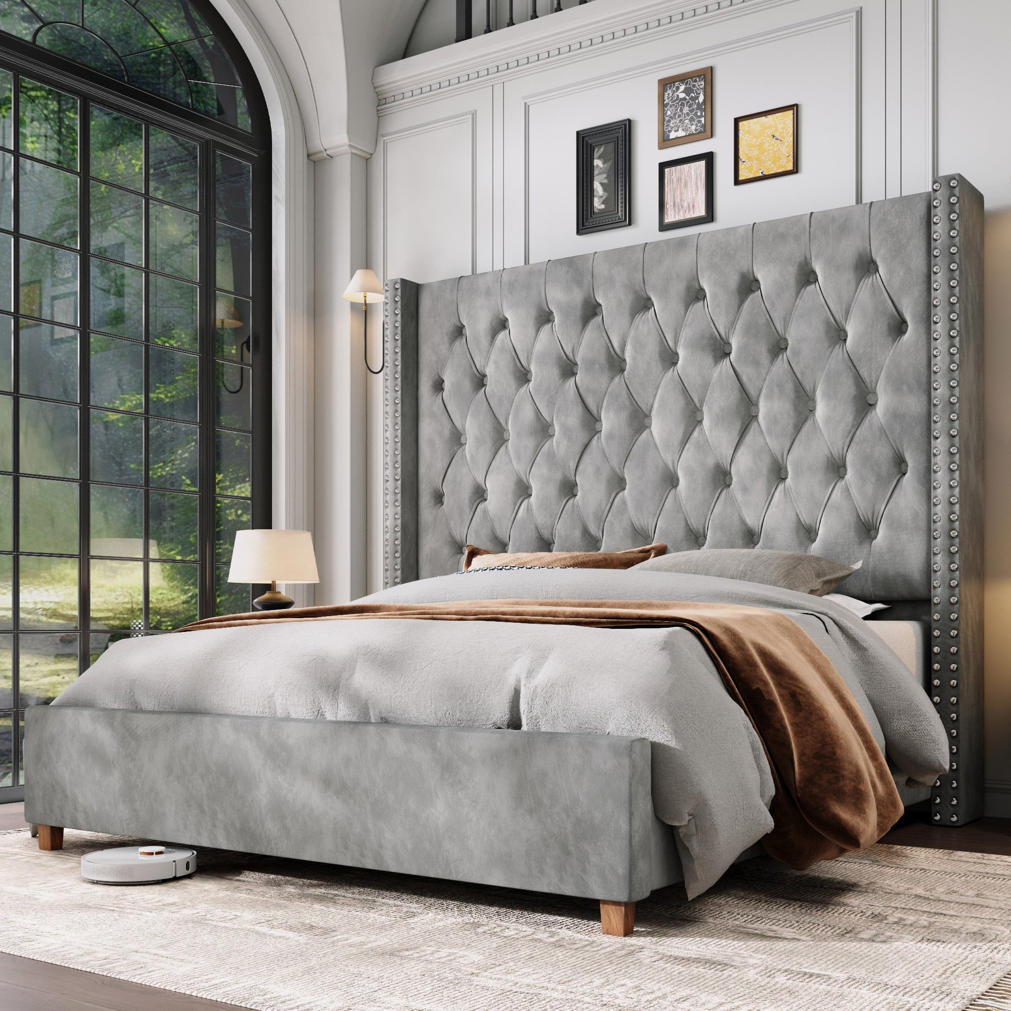 61.4" Tall Luxury Bed Frame with Tufted Wingback Headboard