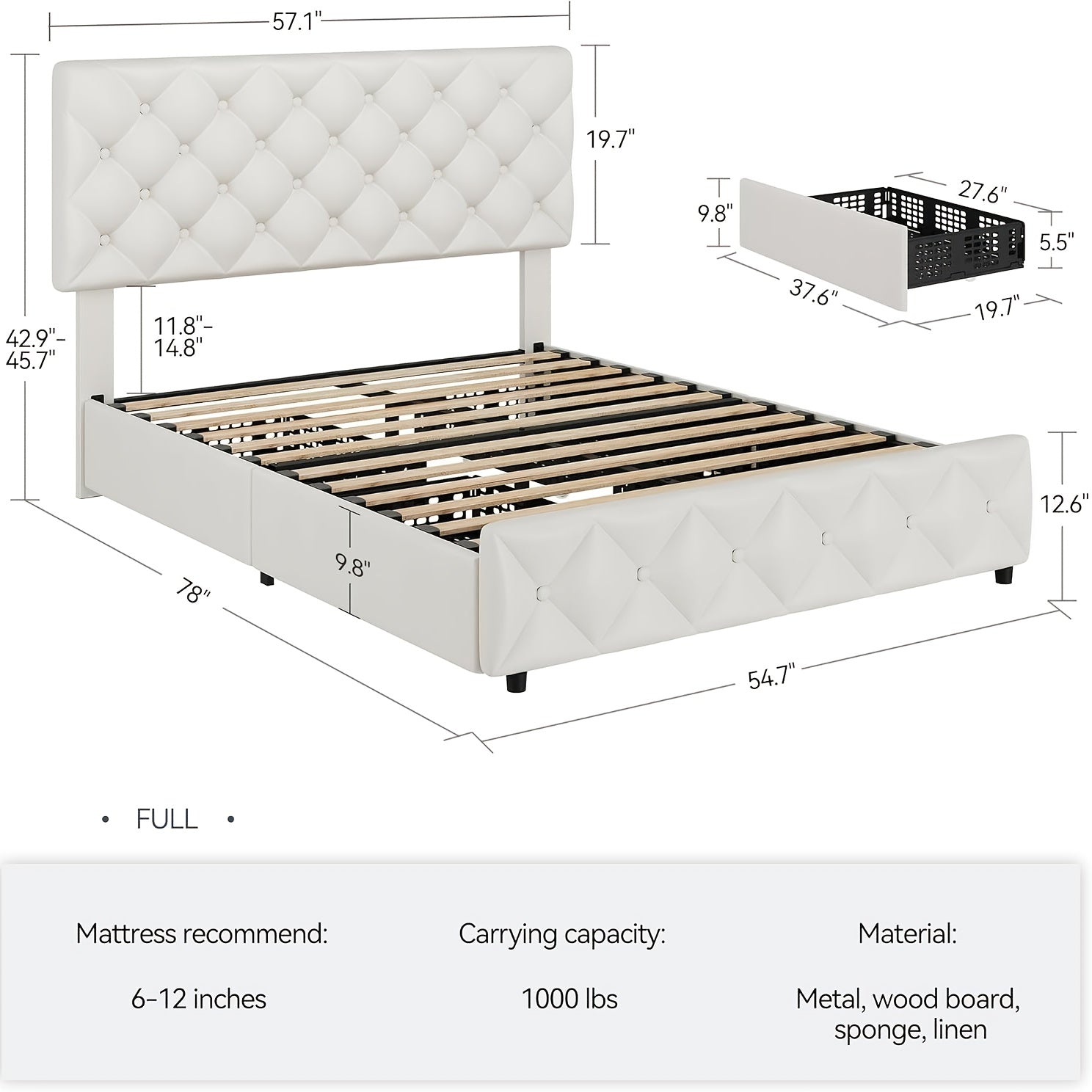 Bed Frame with 4 Storage Drawers And Headboard with Wood Slat Supports, Button Tufted Design, No Box Spring Required