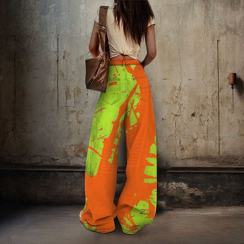 High-Waisted Wide-Leg Flared Floral Denim Jeans