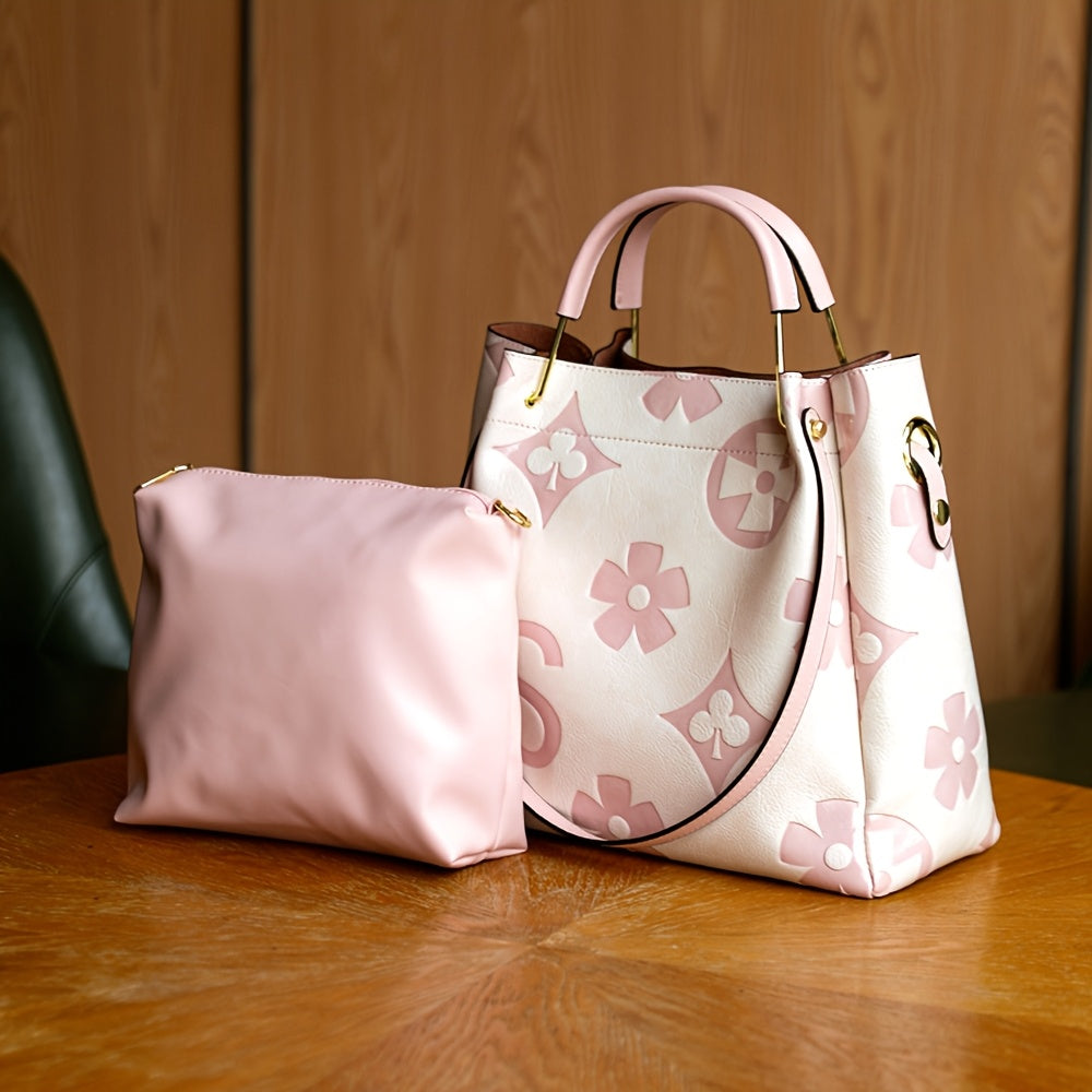 Floral Embossed Synthetic Leather Satchel Handbag