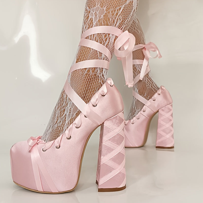 Mary Jane Platform Pumps with Lace-Up Bow Detail