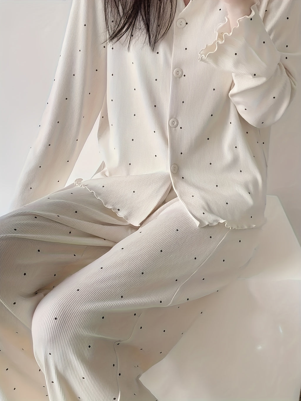 Round Neck Sweet V-Neck Cardigan Long Sleeve Pants Floral Bow Polka Dot Loose Comfortable Pajama Two-Piece Set