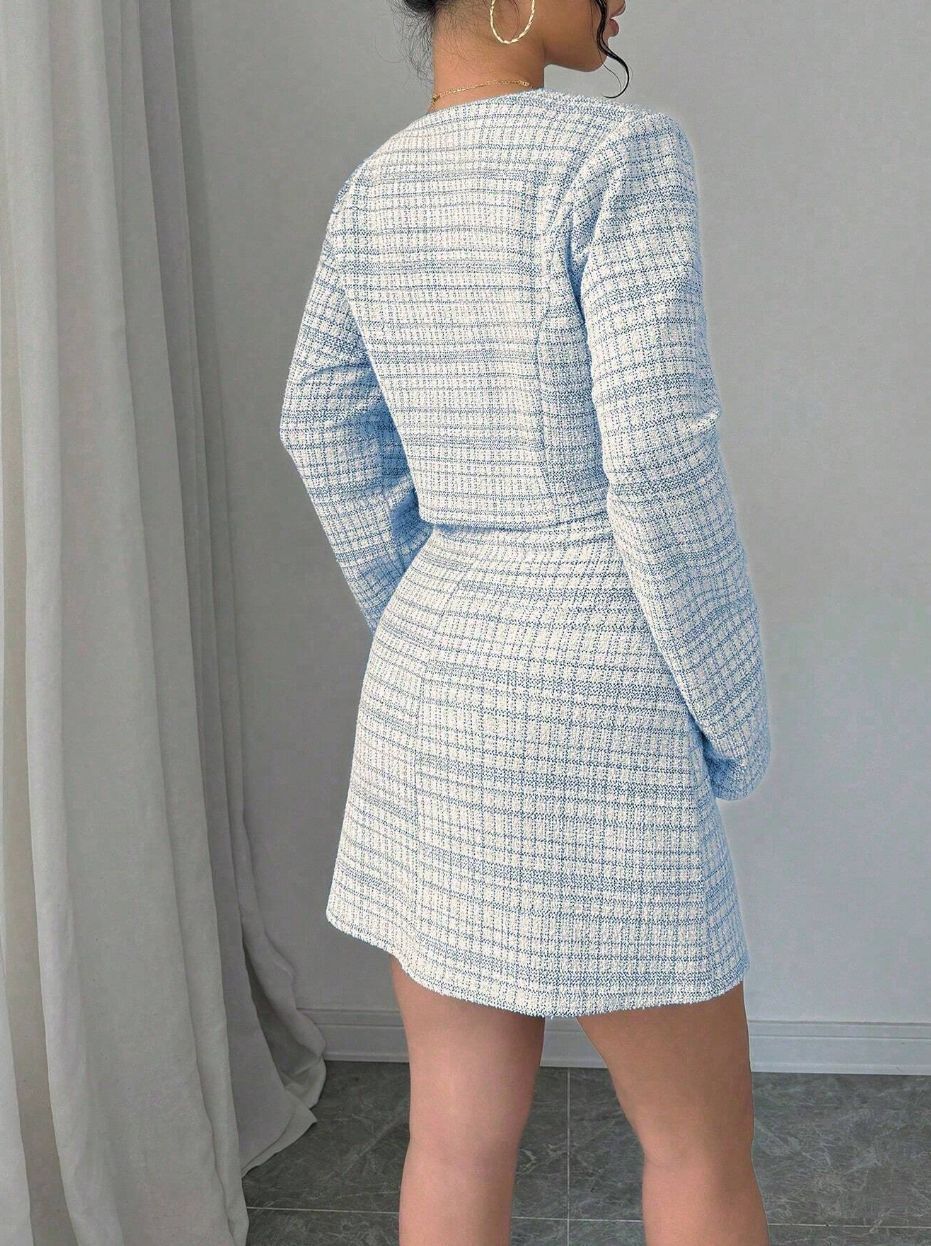 Women'S Fall/Winter Fashionable Elegant Dress Two- Piece Set- Single- Breasted Short Coat+ French Retro Tweed Dress