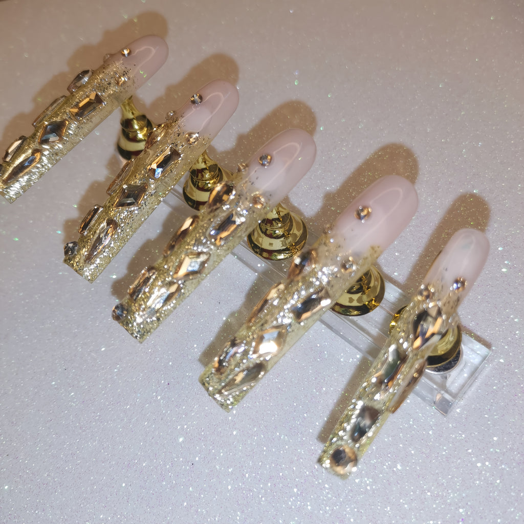 {10pcs} Handmade Champagne Golden Full-Coverage Rhinestone Extra-Long Press-On Nails