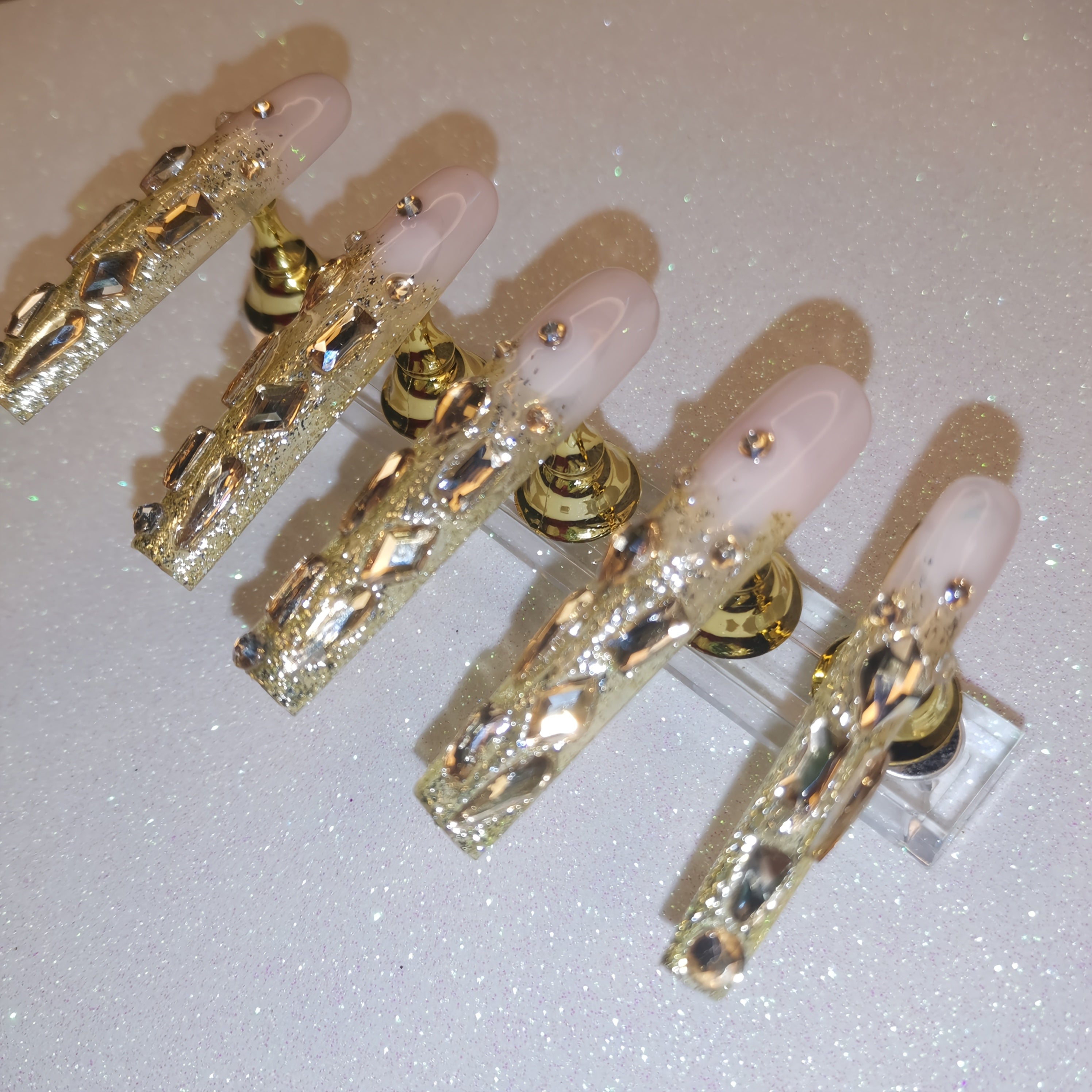 {10pcs} Handmade Champagne Golden Full-Coverage Rhinestone Extra-Long Press-On Nails