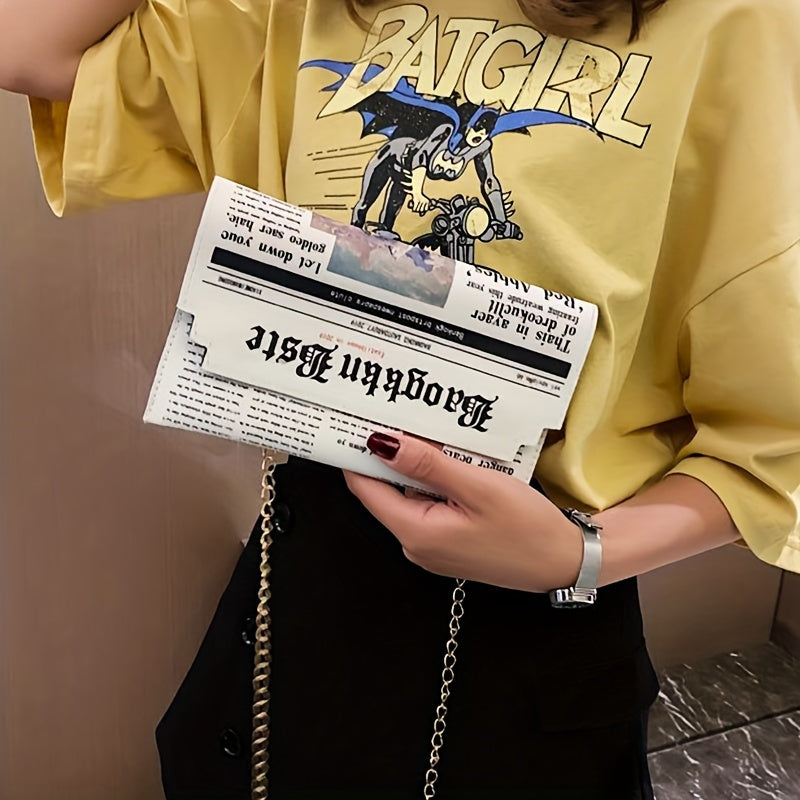 Trendy Chain Crossbody Newspaper Clutch Bag - Women's Envelope Flap Purse For Party Prom