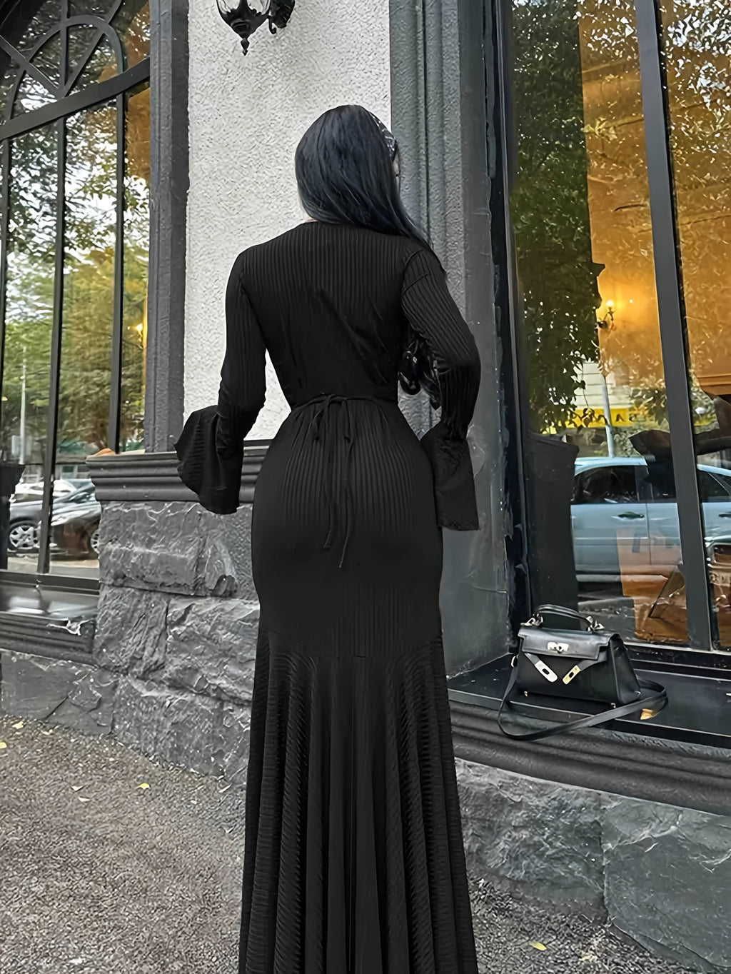 Style Round Neck Flared Sleeve Solid Color Mermaid Dress