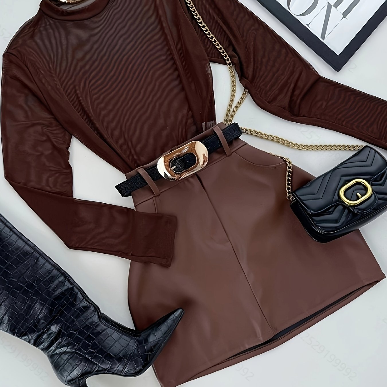 Semi-Sheer Mesh Pullover Long Sleeve T-Shirt + Waist Bag Skirt Set