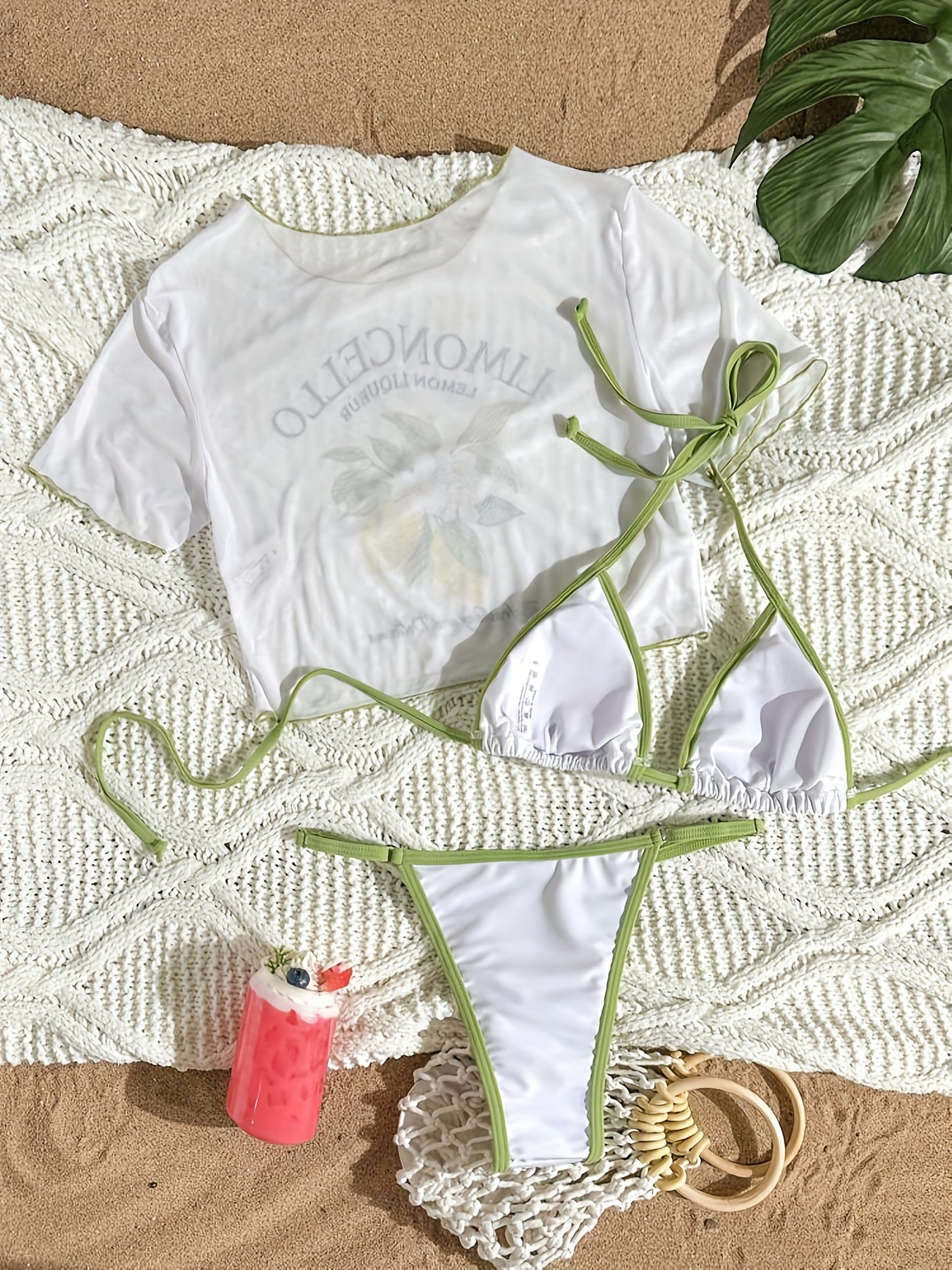 Letter Print Three-Piece Swimsuit Set with Halter Neck Top and High-Cut Triangle Bottoms Cherry Print