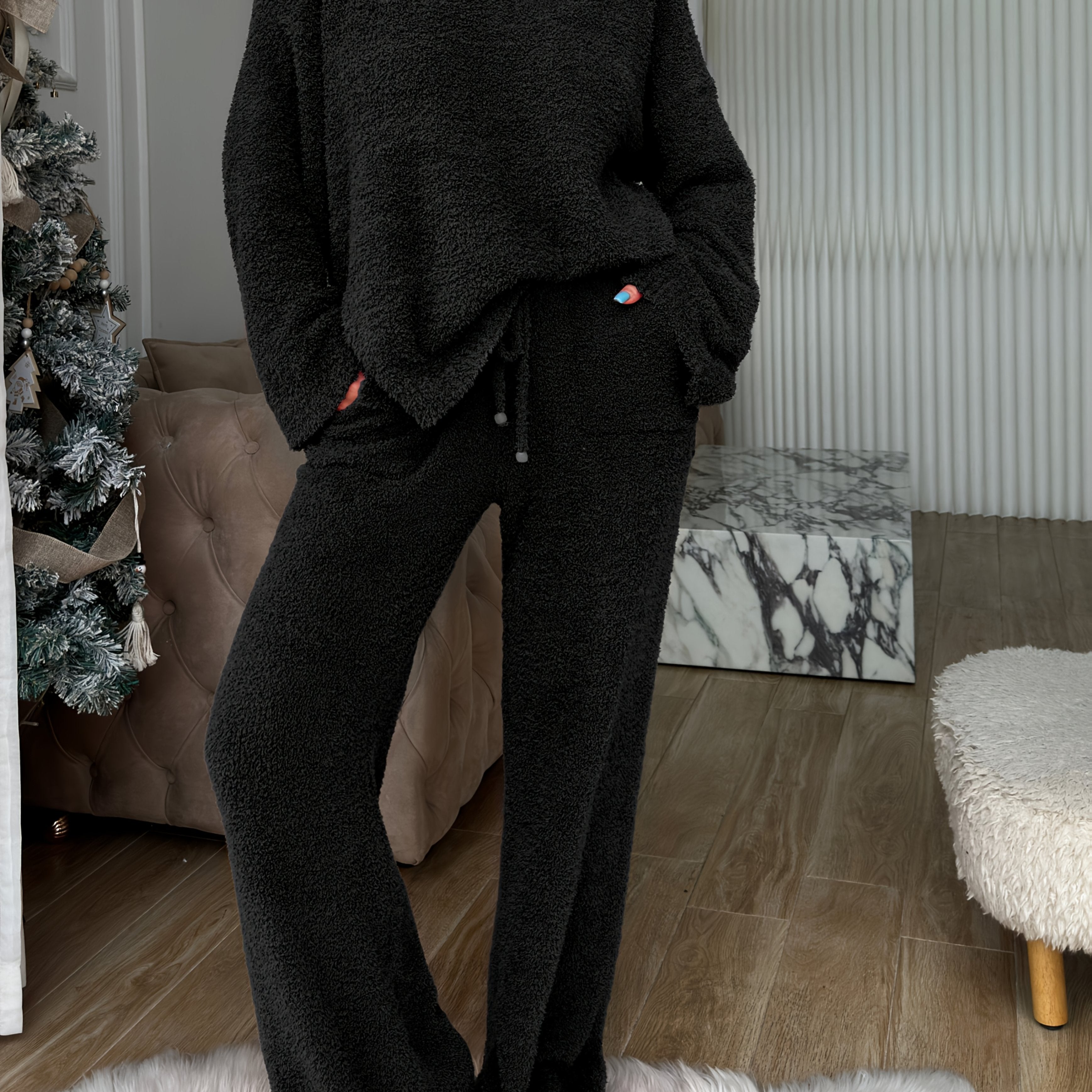 Solid Color V-Neck Short Front Long Back Soft Fleece Pajama Set