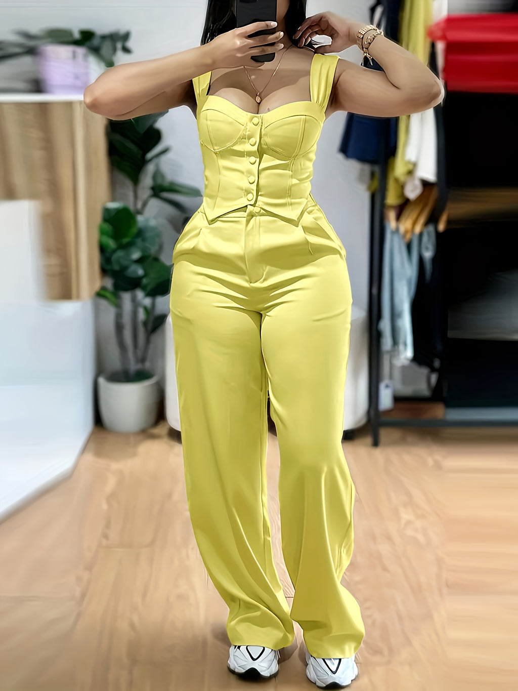 Women'S Yellow Sleeveless Corset Top & Wide-Leg Pants Set - Casual V-Neck with Button Detail, High-Waisted Flared Pants, White Sneakers, and Accessories for a Stylish Outfit, Allseason Attire | Vneck Top | Button Detail Top