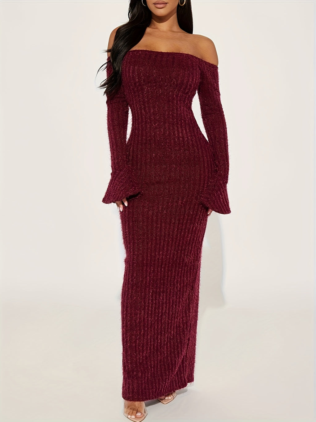 Off-the-Shoulder Burgundy Fuzzy Bodycon Dress