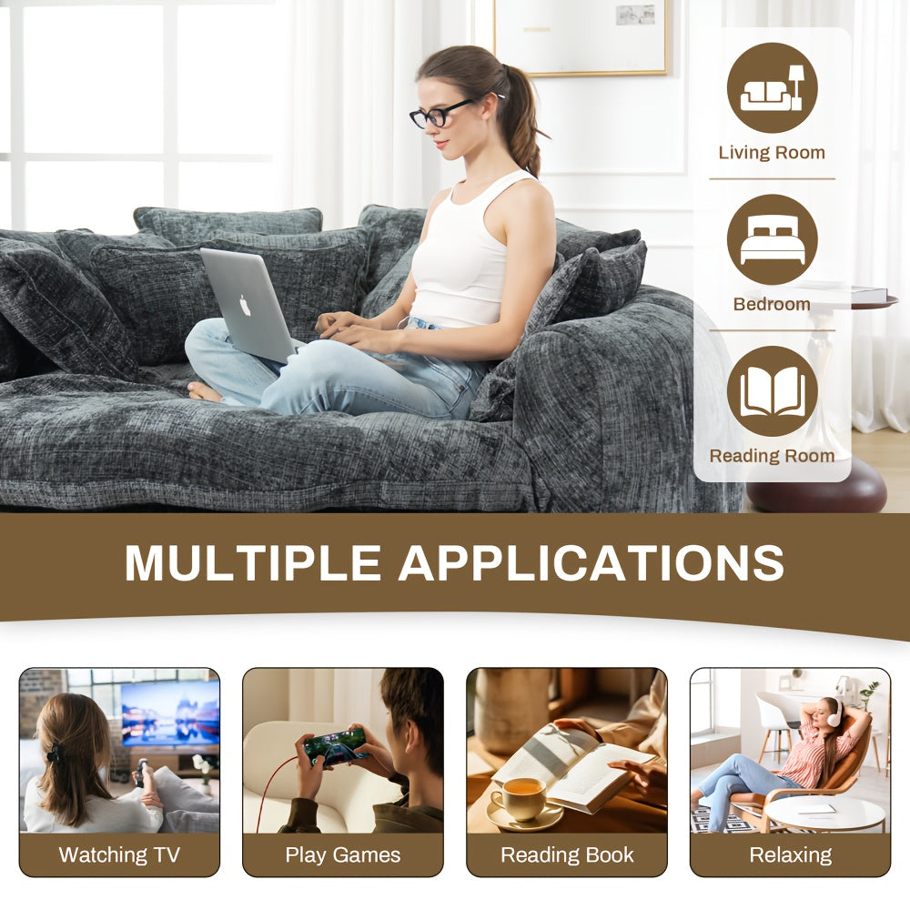 81" Upholstered Chenille Round Sofa Bed with Plush Fluffy Cushion