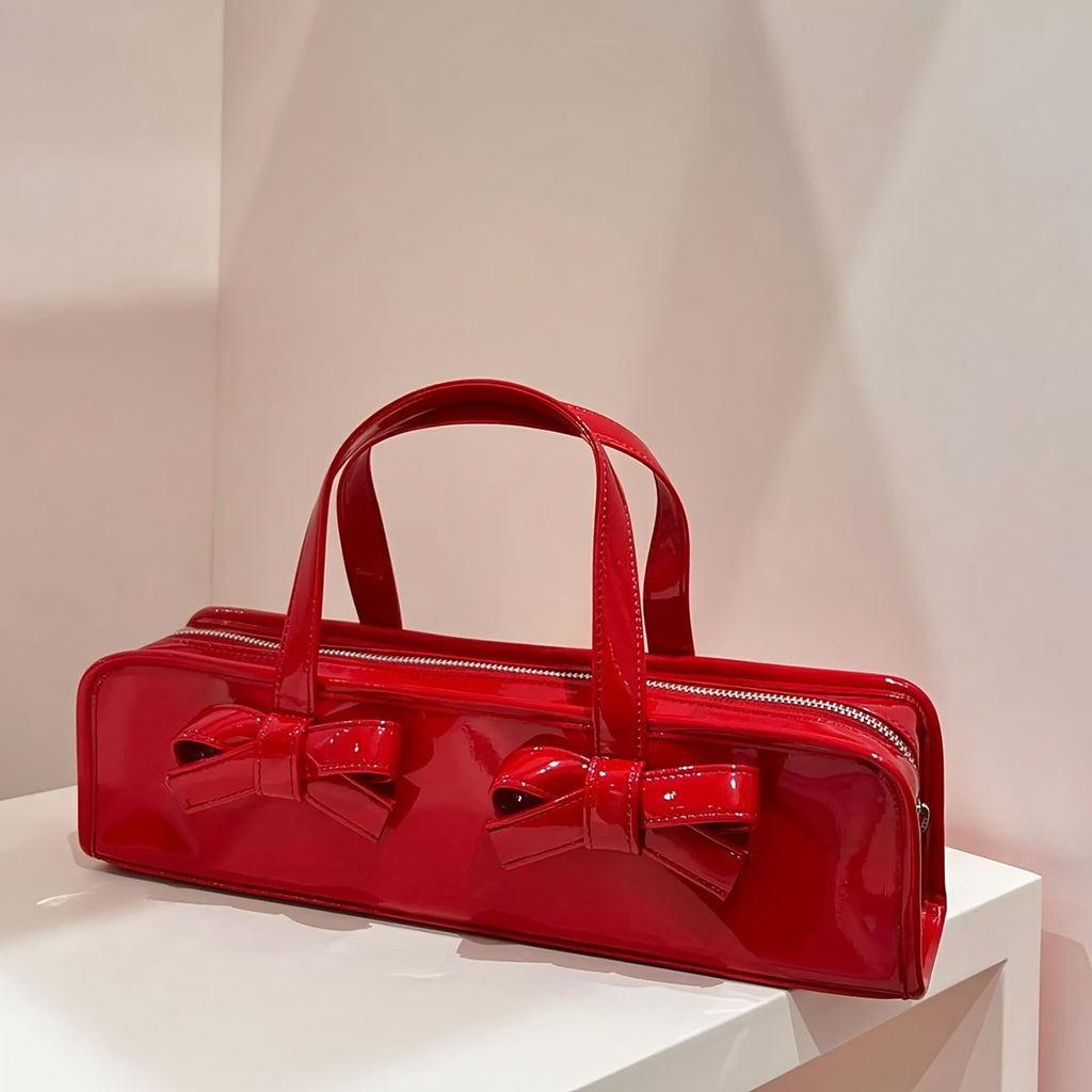 Glossy Bow-Adorned Handbag