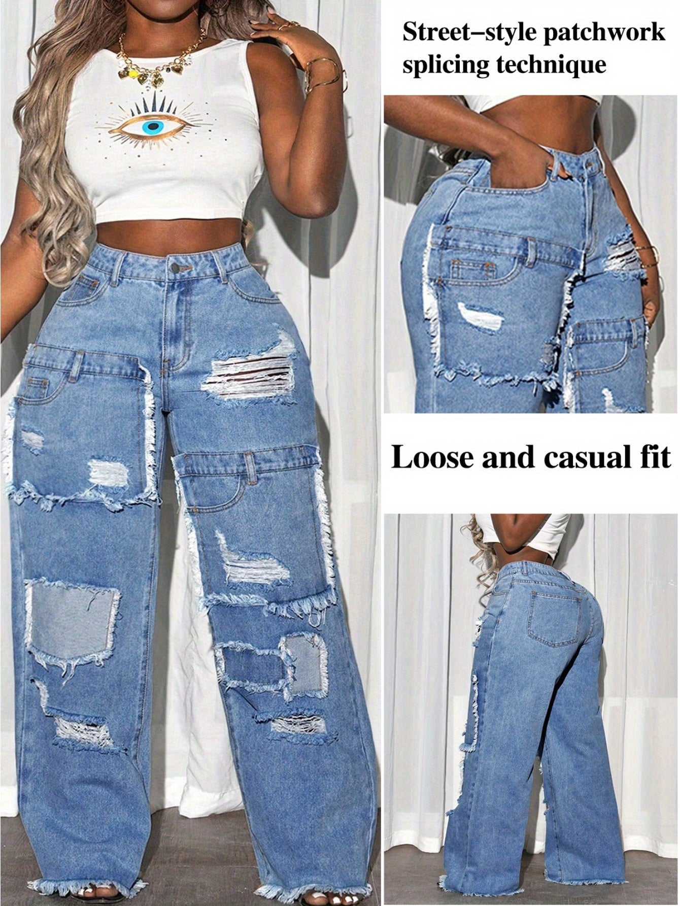 High-Waisted Wide-Leg Distressed Jeans