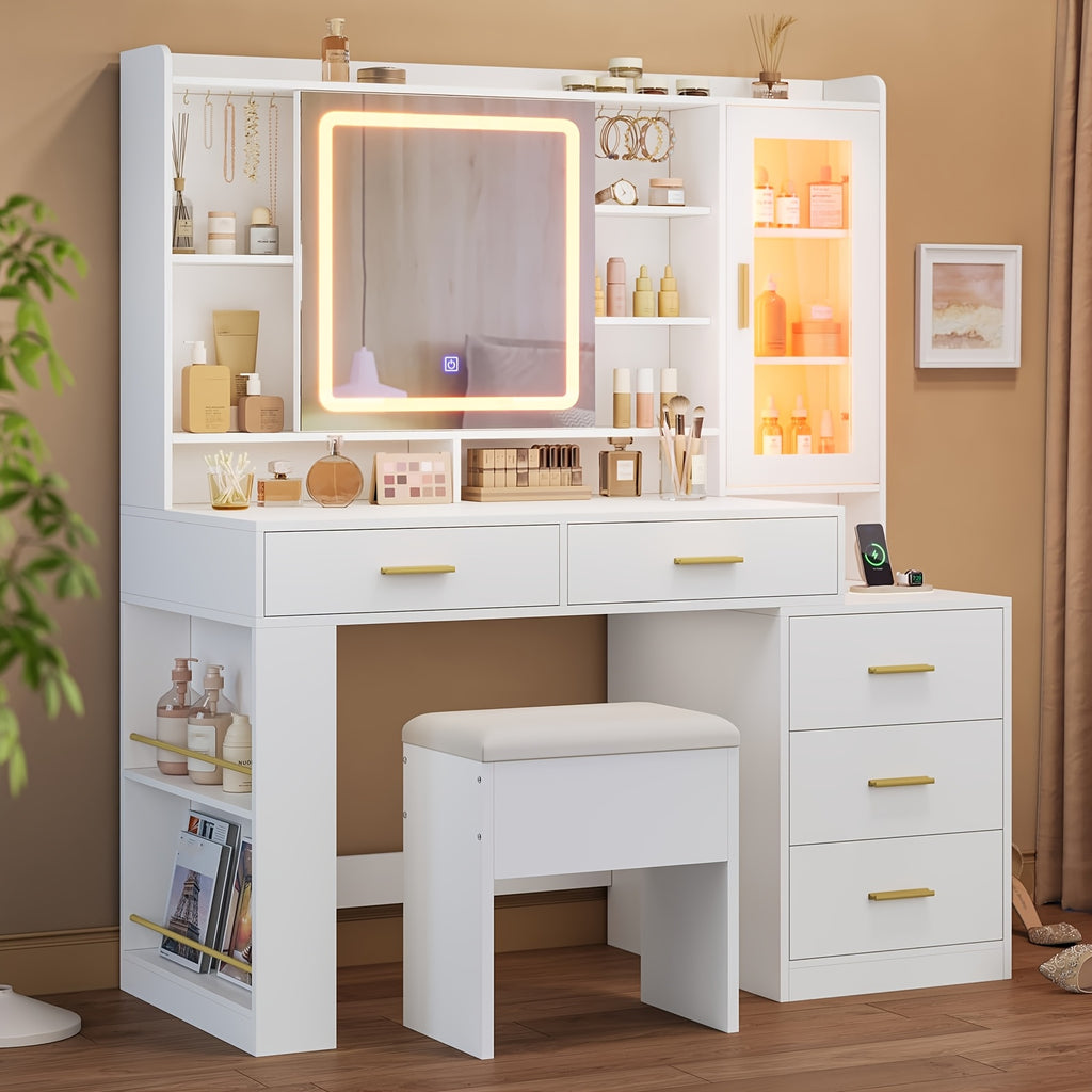 Makeup Vanity With Sliding LED Lighted Mirror And Charging Station