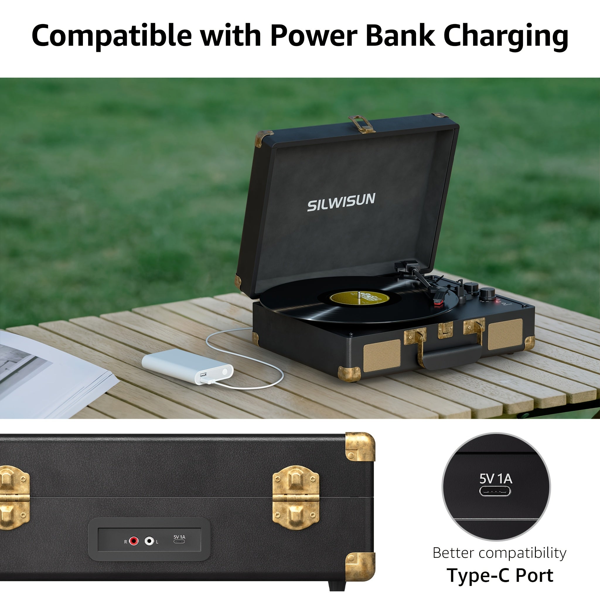 Portable Silwisun Vinyl Record Player with 3-Speed Turntable, Built-In Battery & Speakers, Wireless Connectivity, Aux/RCA Input, Type-C Charging