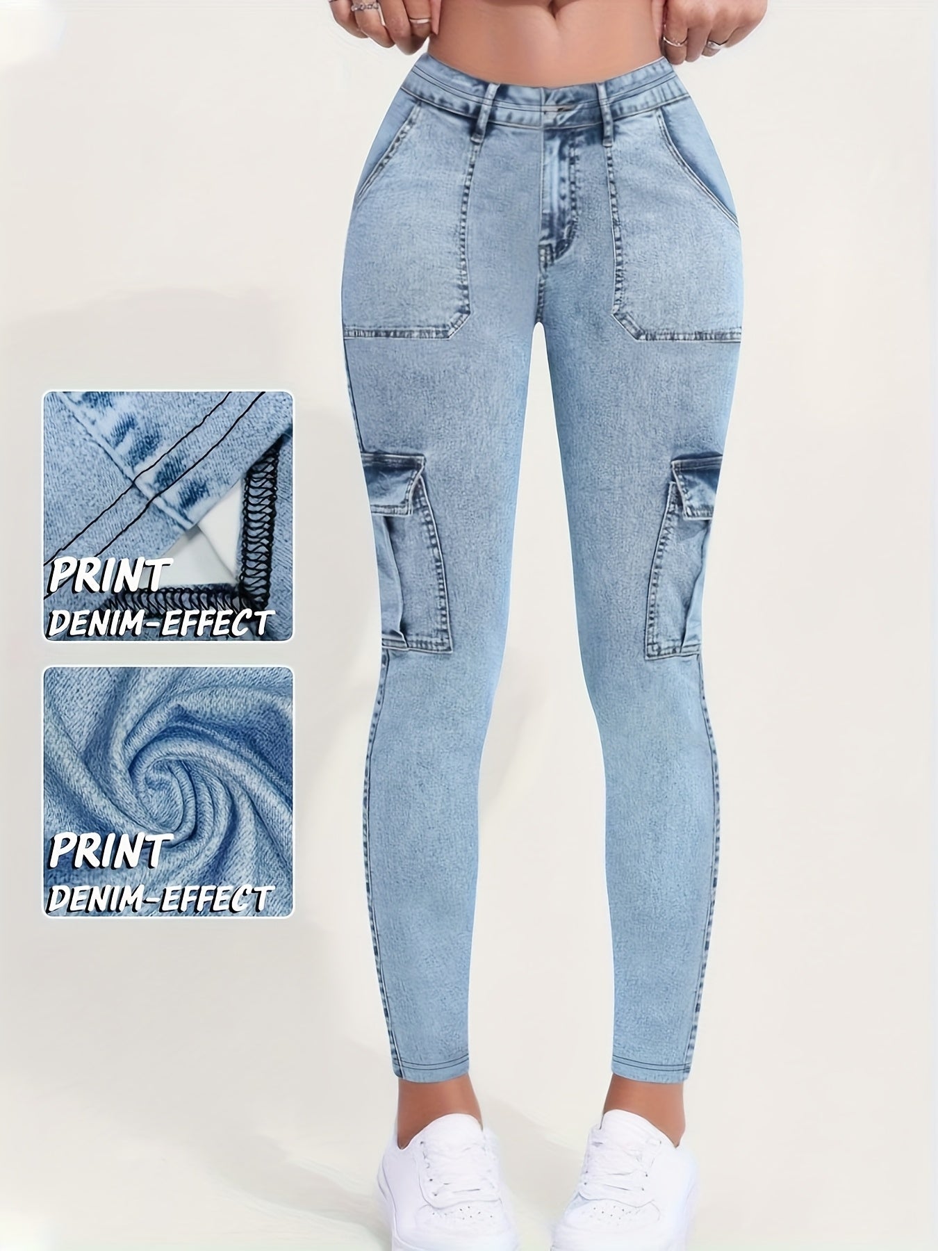 Long Leggings Printed with Faux Denim And Featuring Pocket Designs
