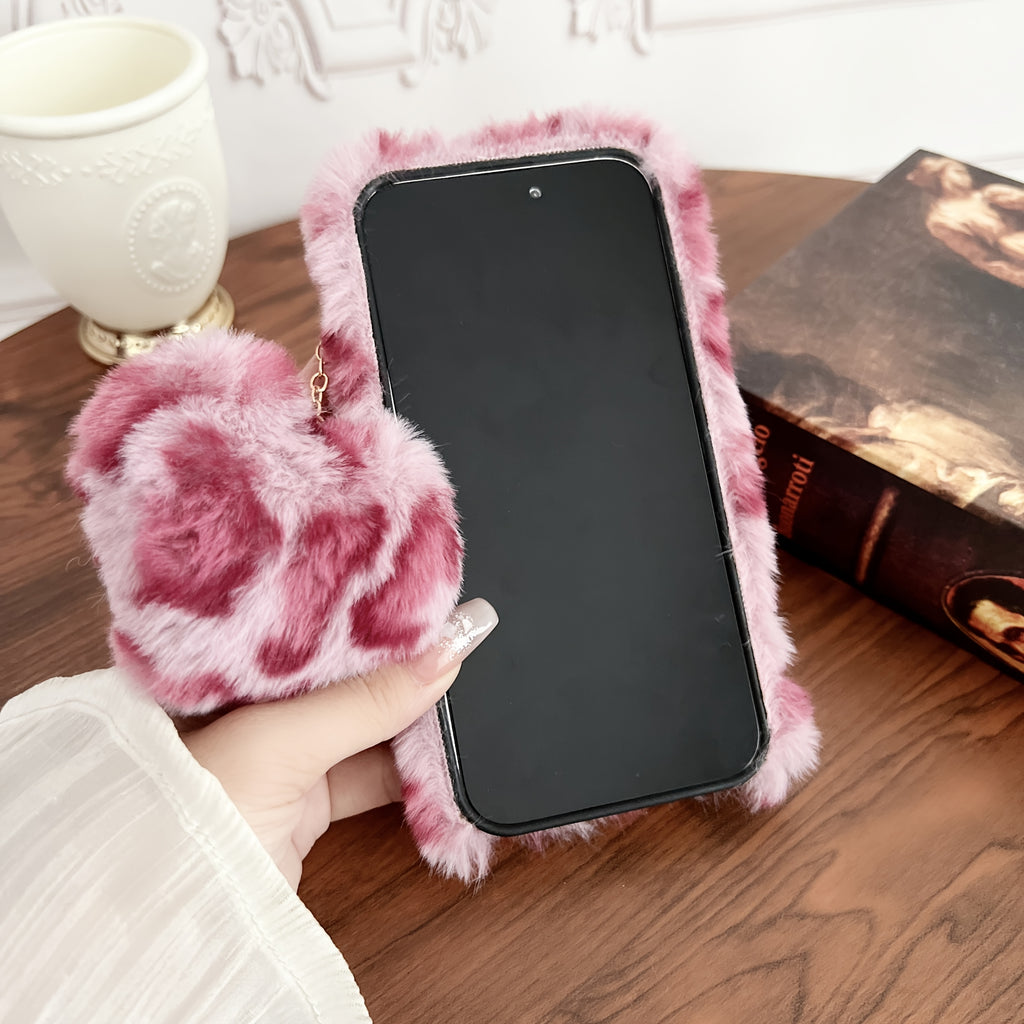 Abstract Colored Leopard Print Matching Lanyard 3D Heart Accessory iPhone Case