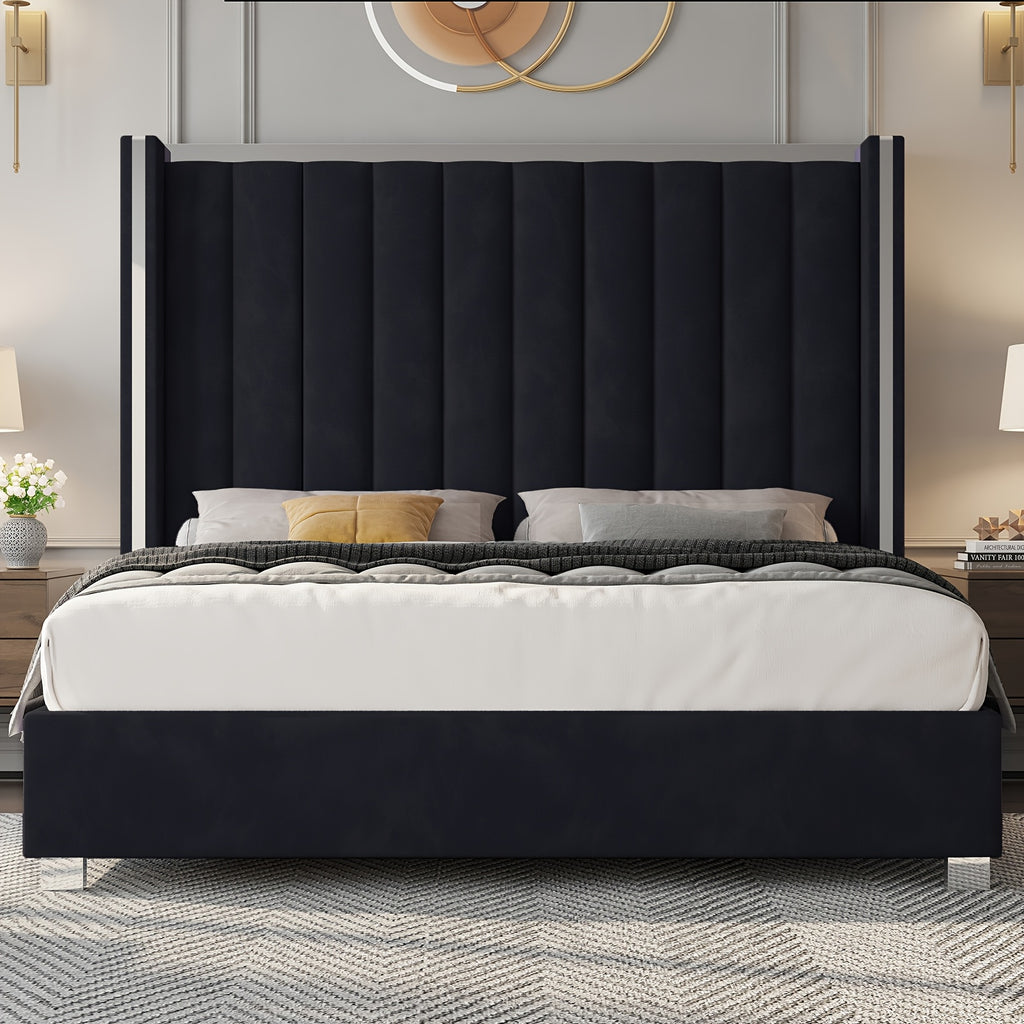 Modern Velvet Platform Bed with Channel Tufted Wingback Headboard
